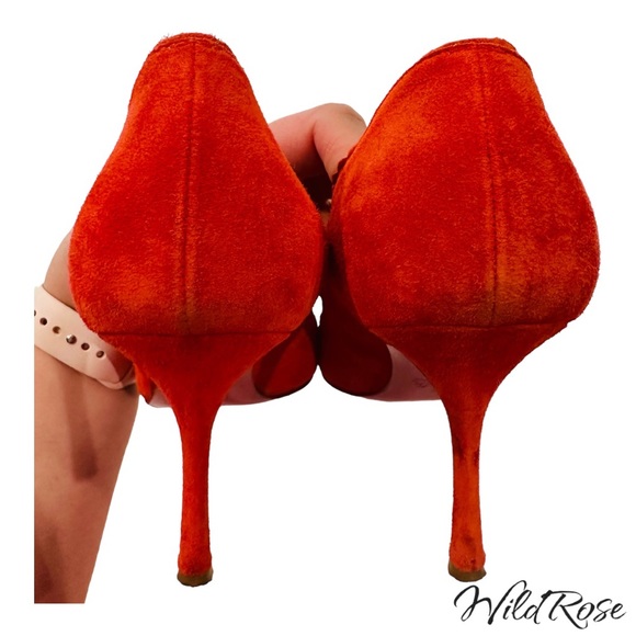 CHRISTIAN LOUBOUTIN “SCALOPUMP” 85 RED SUEDE SCALLOP TRIM LACE UP TIE HEELS 37.5 - Picture 12 of 17